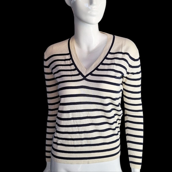 J. Crew Womens Striped VNeck Sweater Summerweight Cotton XSmall Cream/Blue Color - Picture 7 of 12